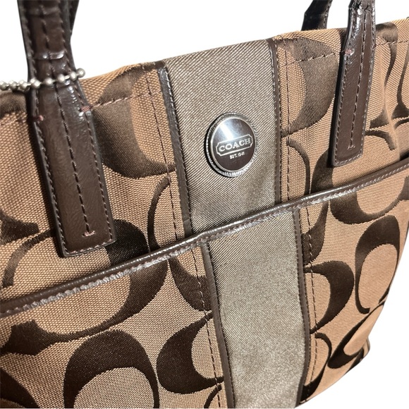 Coach Signature Stripe Khaki Gold Tote Bag Canvas & Patent Leather w/ Hang Tags - Picture 5 of 14